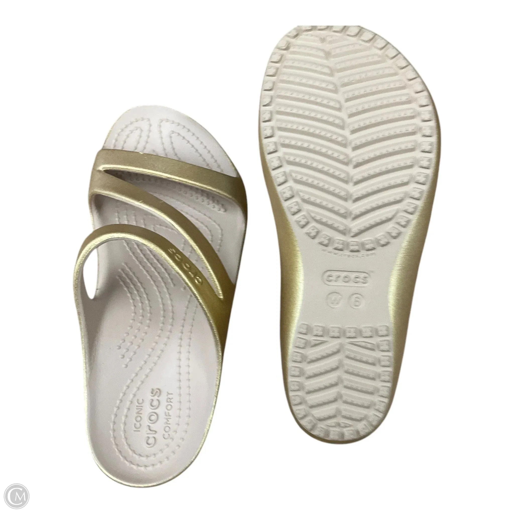 Sandals Flats By Crocs In Gold, Size: 6