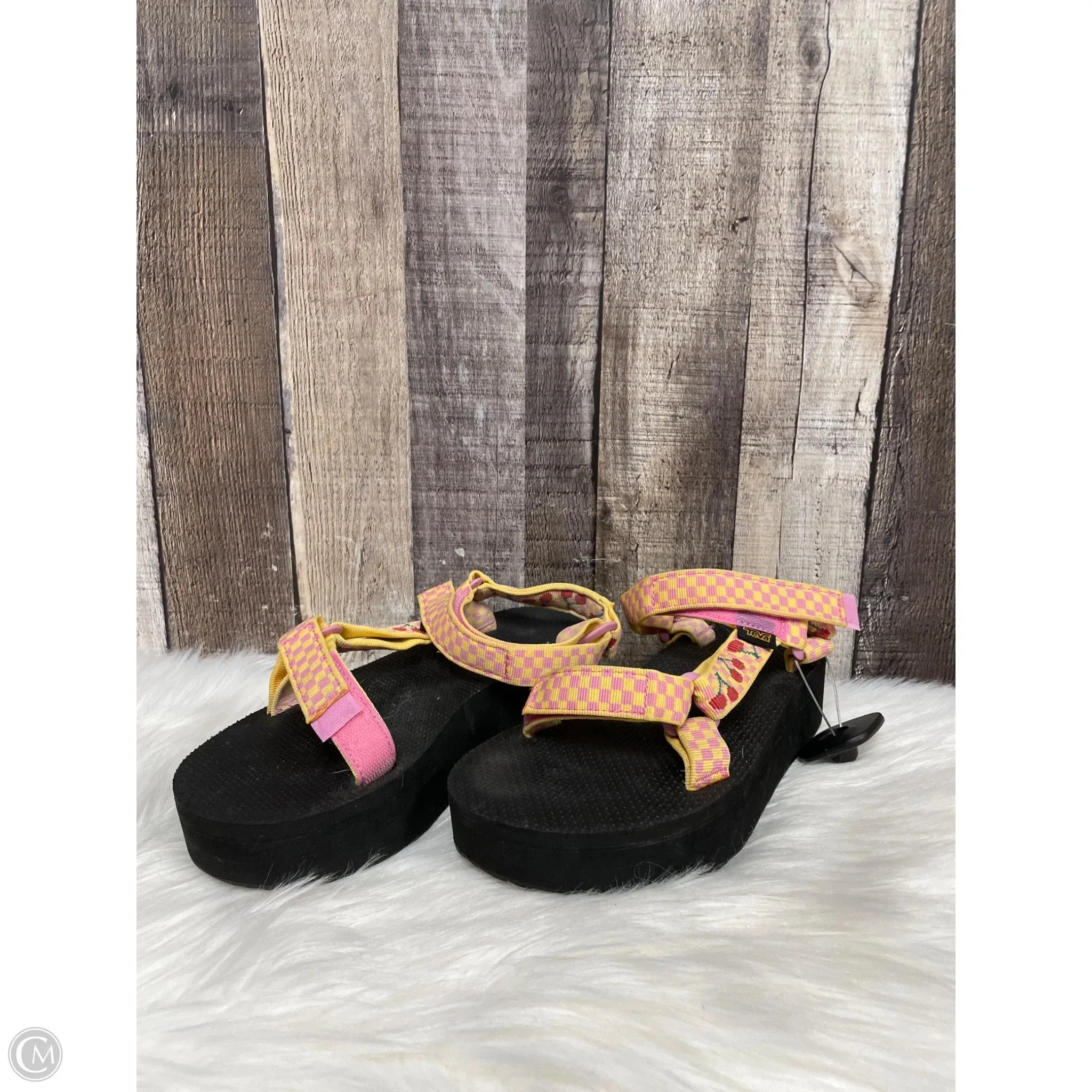 Sandals Heels Platform By Teva In Pink & Yellow, Size: 8