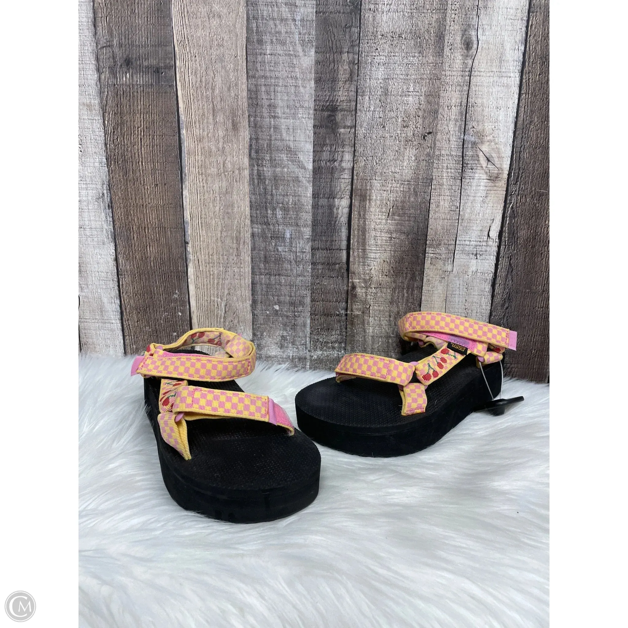 Sandals Heels Platform By Teva In Pink & Yellow, Size: 8