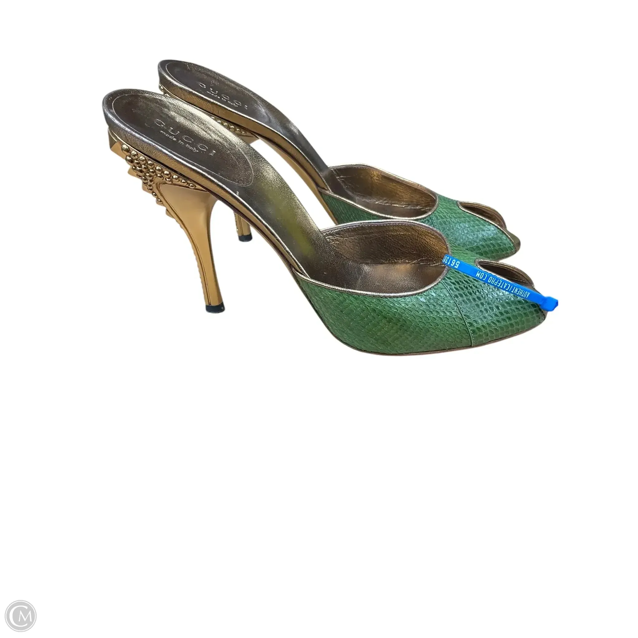 Sandals Luxury Designer By Gucci In Gold & Green, Size: 7.5