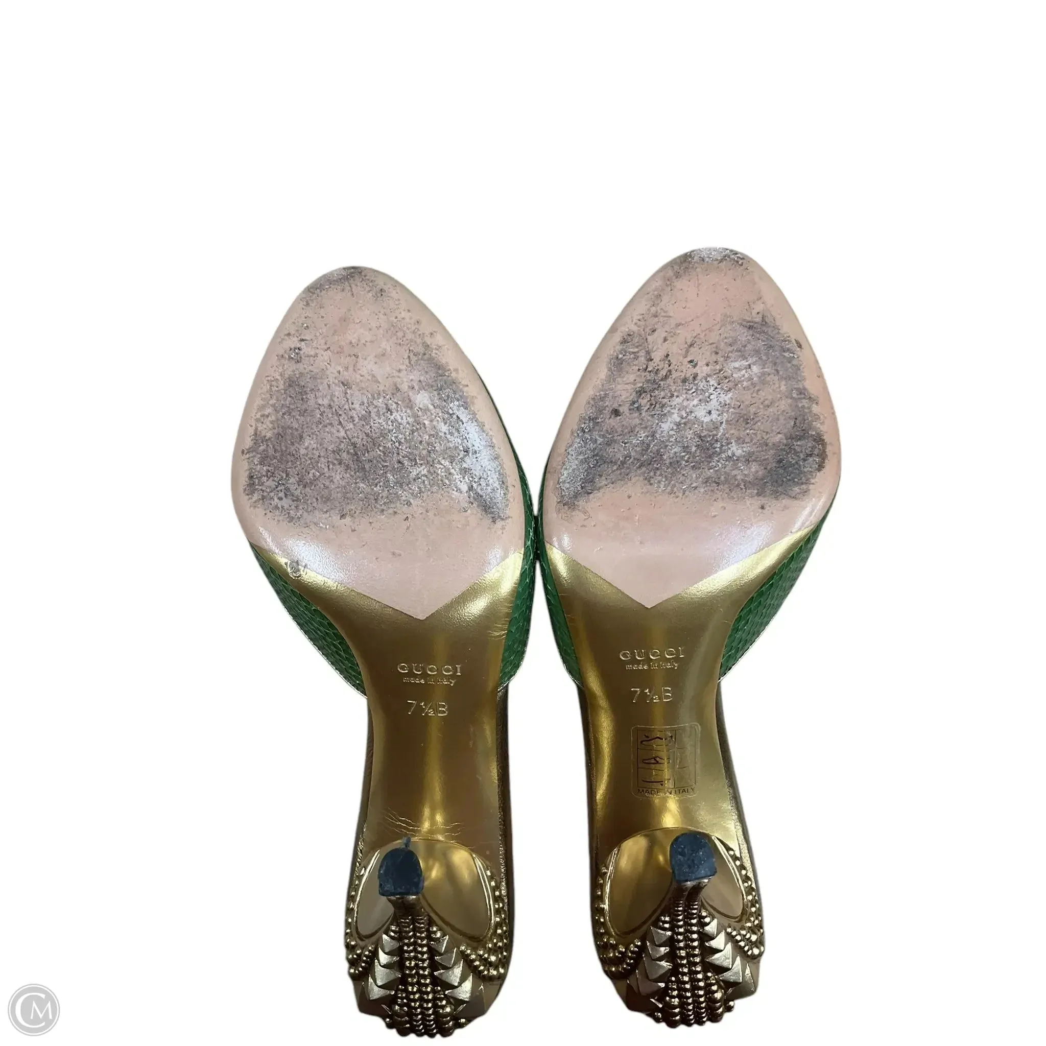 Sandals Luxury Designer By Gucci In Gold & Green, Size: 7.5
