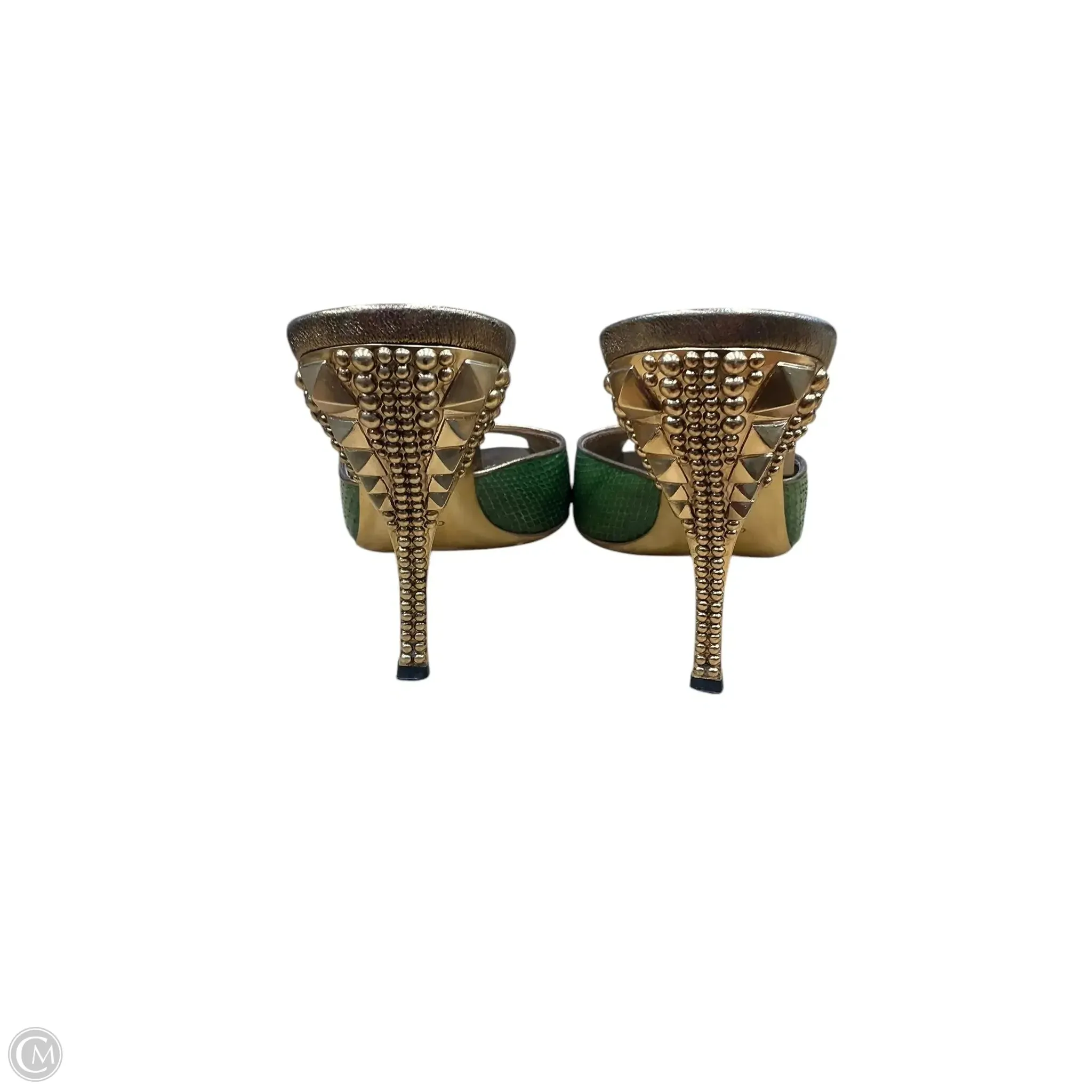 Sandals Luxury Designer By Gucci In Gold & Green, Size: 7.5