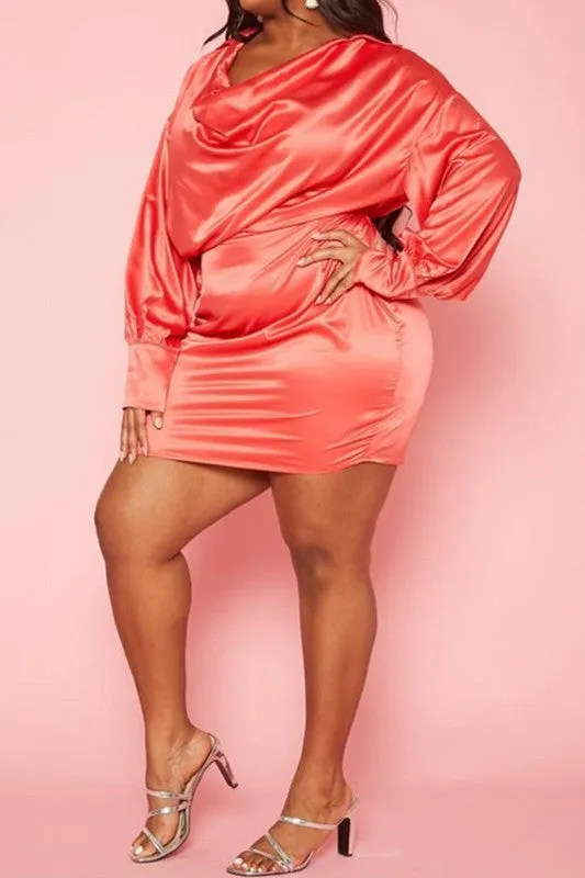 Satin Cowl Neck Mini Dress - Curvy 
