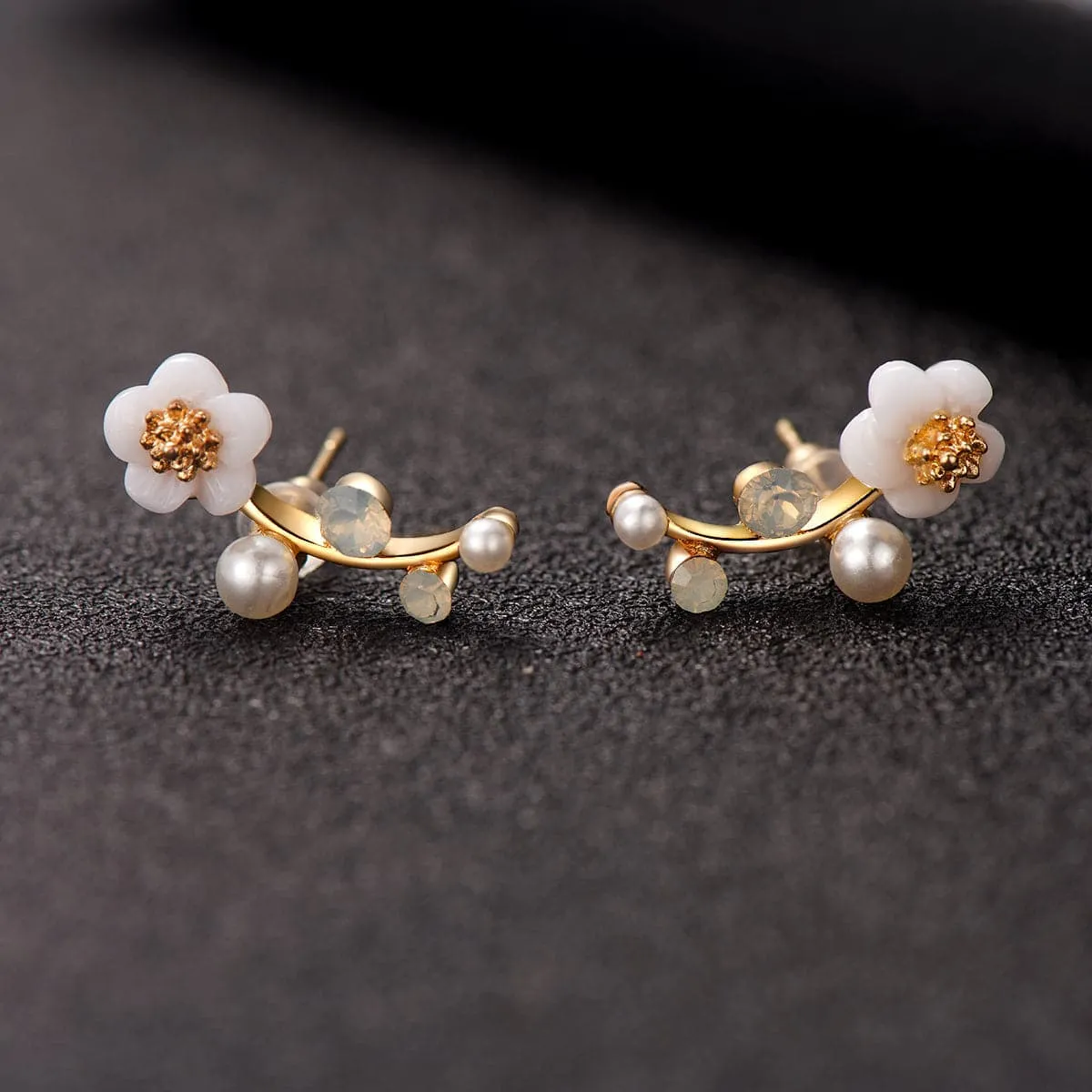 Shell & Pearl 18k Gold-Plated Flower Ear Climbers