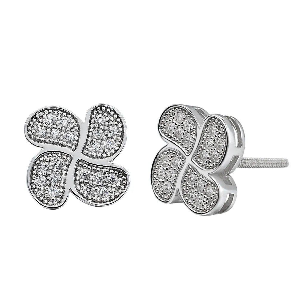 Shimmering Four-Leaf Flower Screw Backs  in Sterling Silver