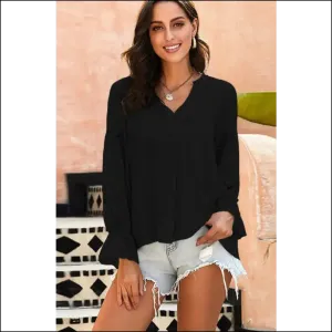 Shiny Crochet Flounce Sleeve Button-Up Blouse
