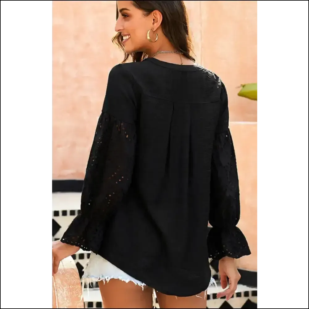 Shiny Crochet Flounce Sleeve Button-Up Blouse