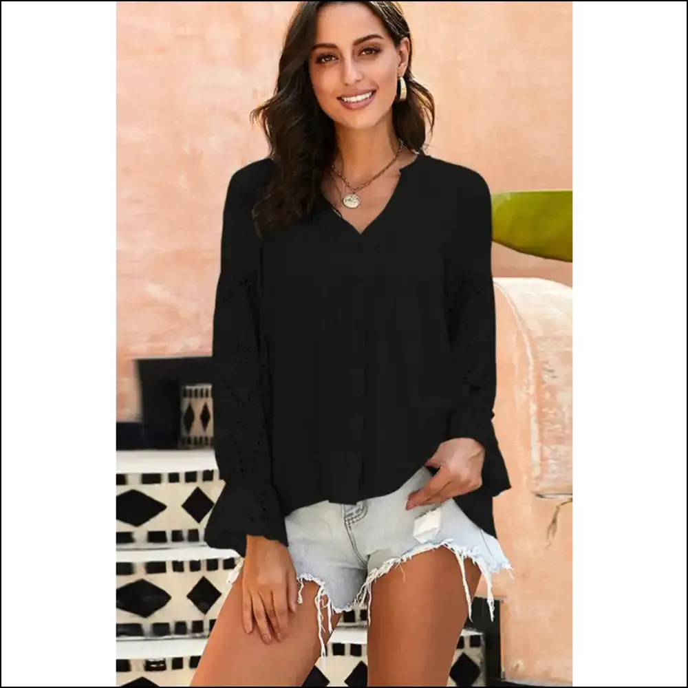 Shiny Crochet Flounce Sleeve Button-Up Blouse