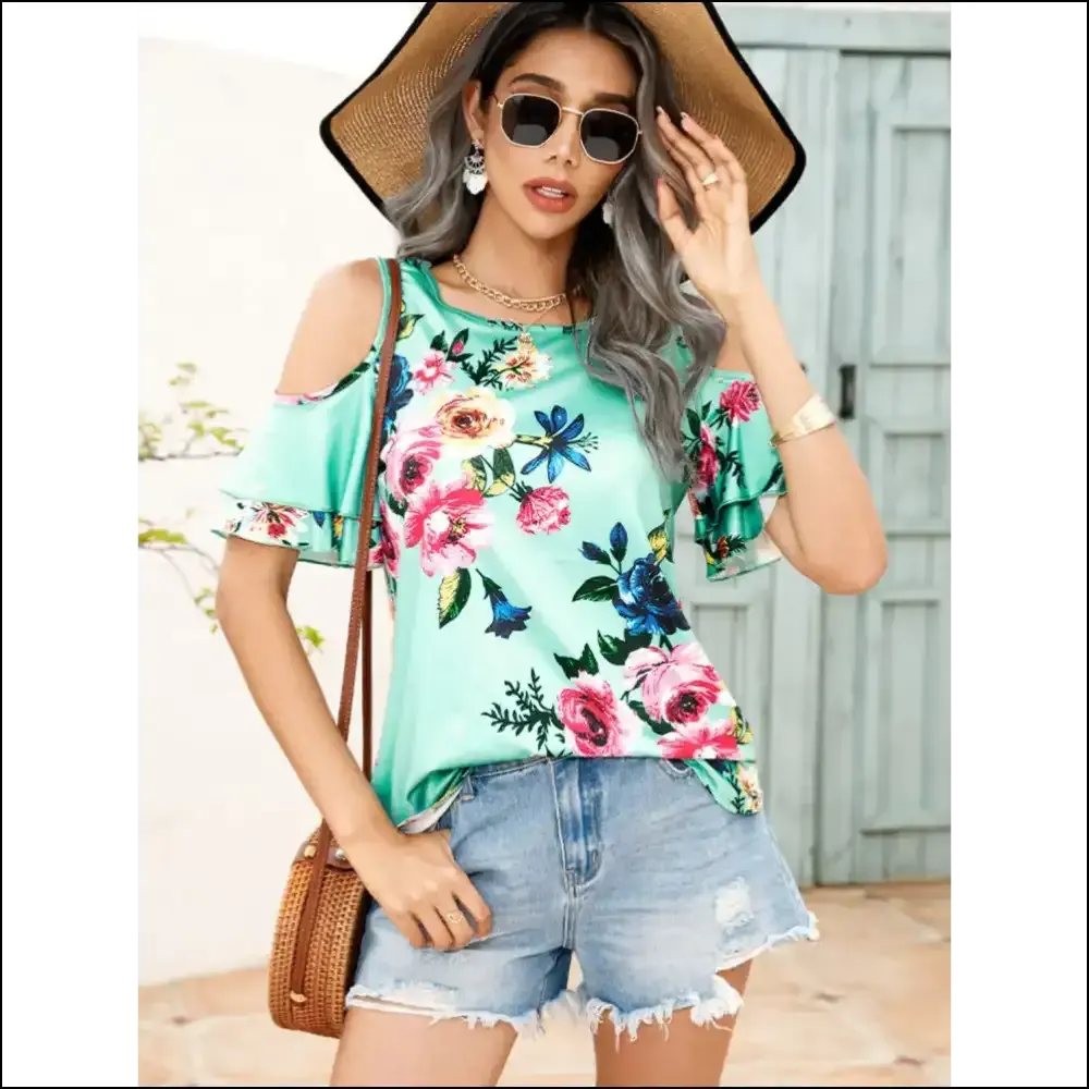 Shiny Floral Cold-Shoulder Top - Effortlessly Chic