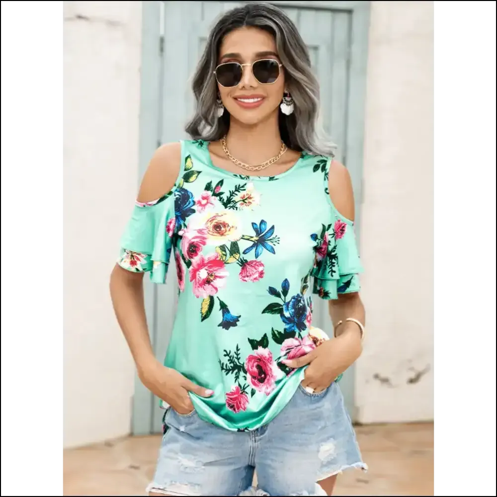 Shiny Floral Cold-Shoulder Top - Effortlessly Chic