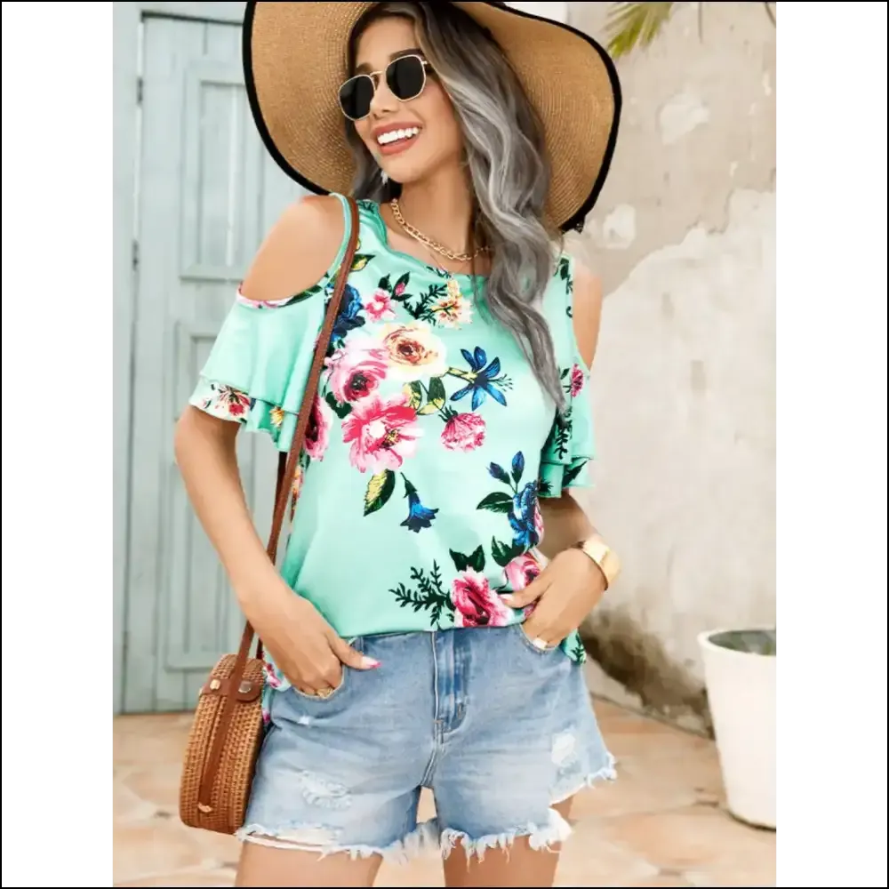Shiny Floral Cold-Shoulder Top - Effortlessly Chic