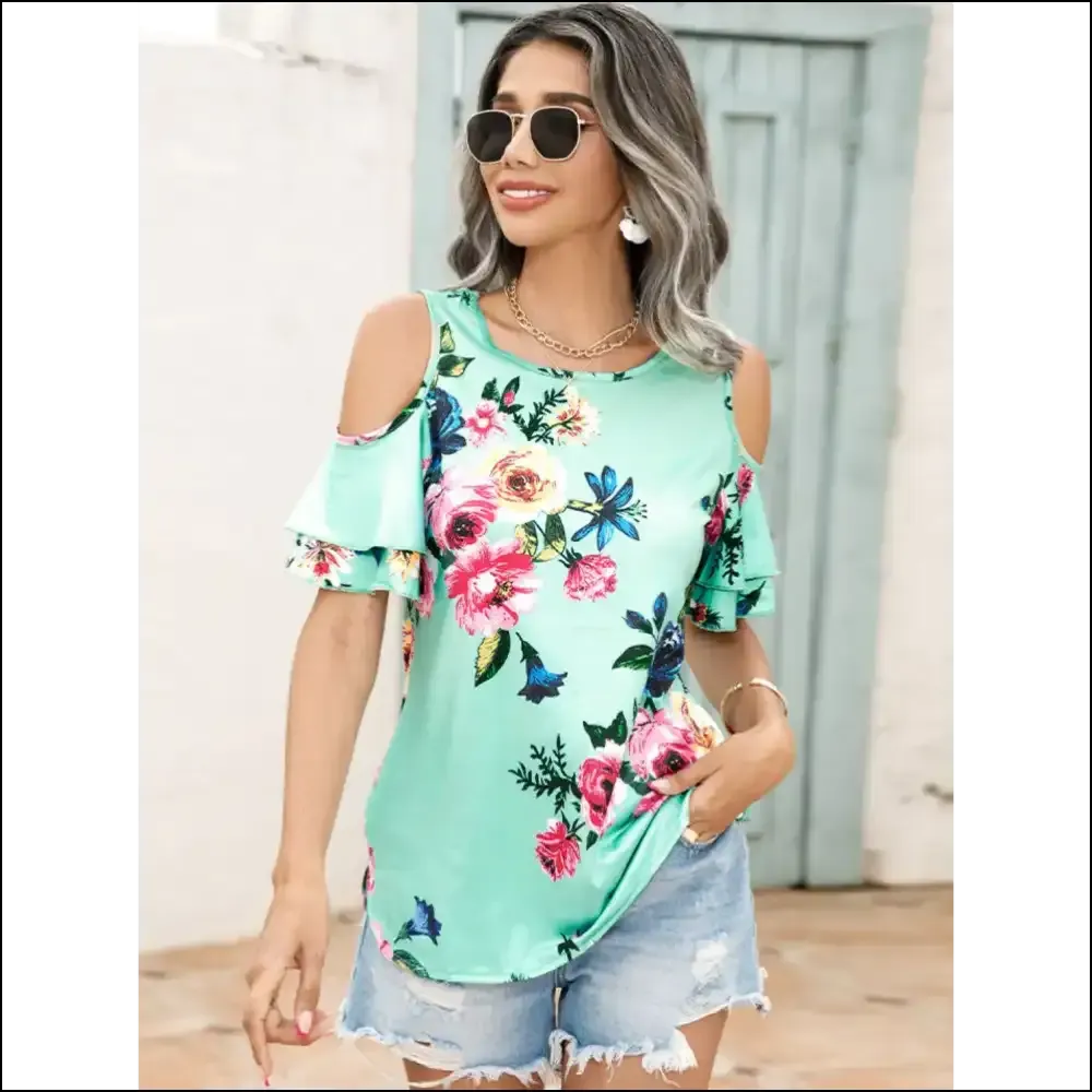 Shiny Floral Cold-Shoulder Top - Effortlessly Chic