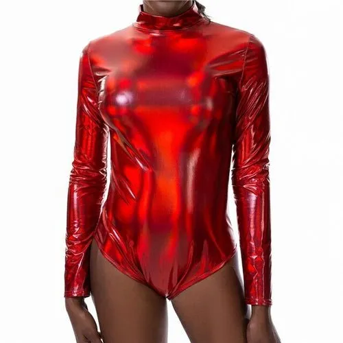Shiny Holographic Women Bodysuit With Long Sleeves