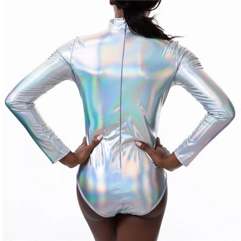 Shiny Holographic Women Bodysuit With Long Sleeves