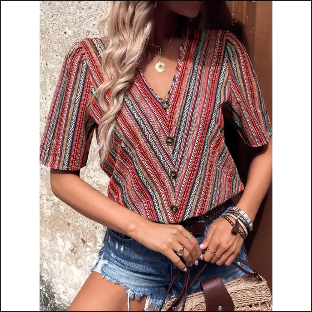 Shiny Printed V-Neck Button-Up Short Sleeve Top