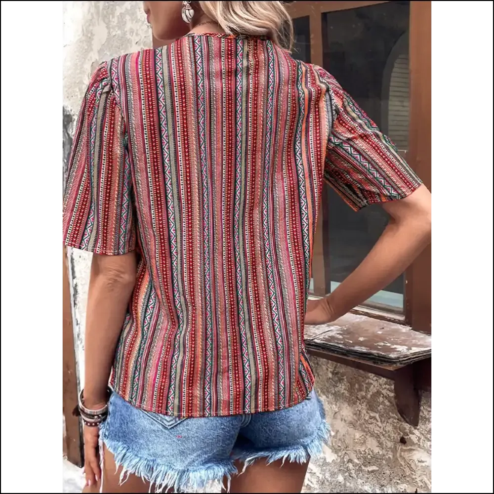 Shiny Printed V-Neck Button-Up Short Sleeve Top