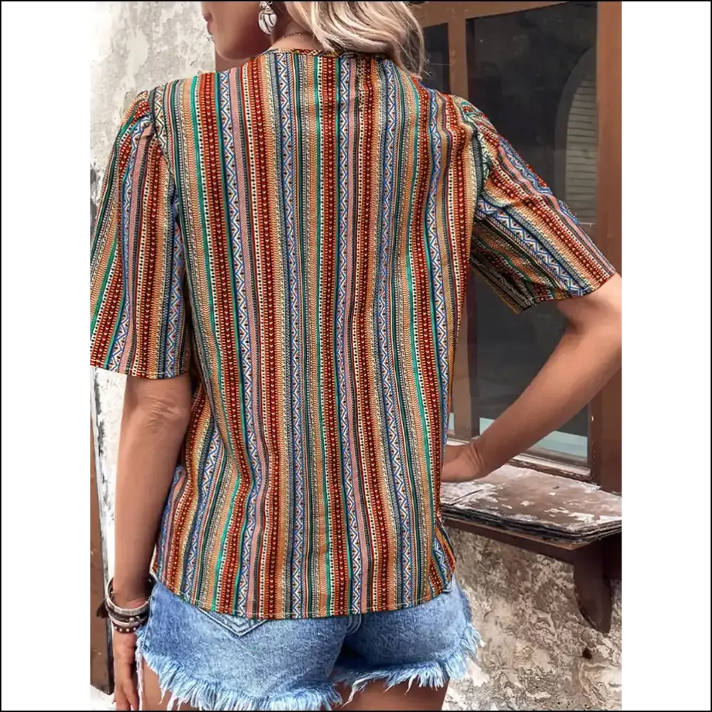 Shiny Printed V-Neck Button-Up Short Sleeve Top