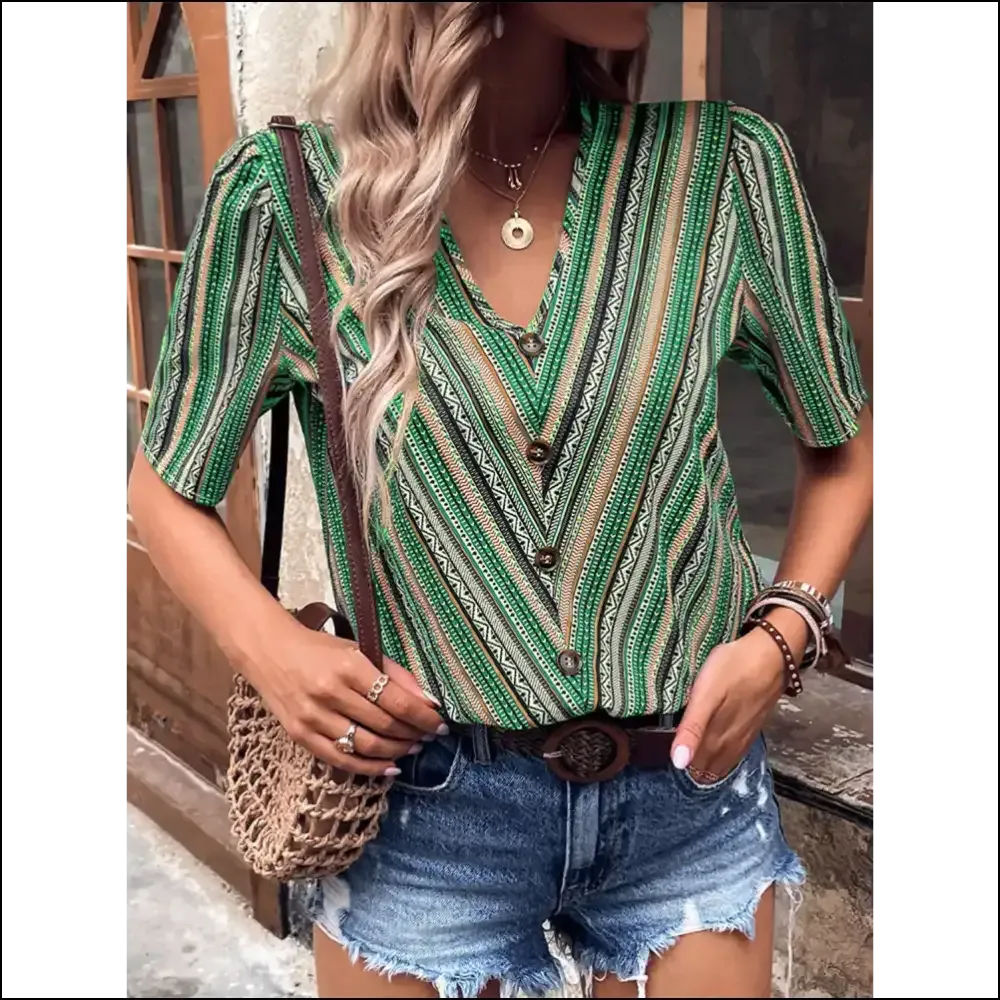 Shiny Printed V-Neck Button-Up Short Sleeve Top