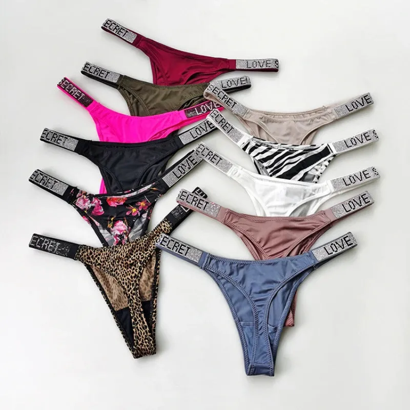Shiny Rhinestone Women's G-String Thong - Sexy Low-Rise Neon Color Lingerie Panties