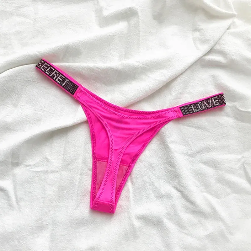 Shiny Rhinestone Women's G-String Thong - Sexy Low-Rise Neon Color Lingerie Panties