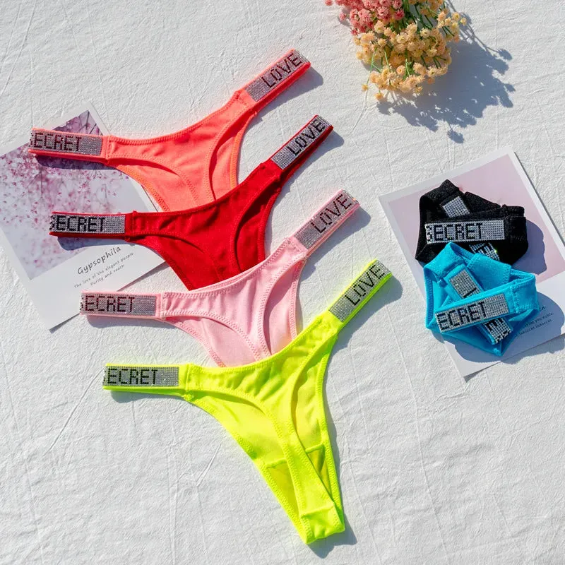 Shiny Rhinestone Women's G-String Thong - Sexy Low-Rise Neon Color Lingerie Panties