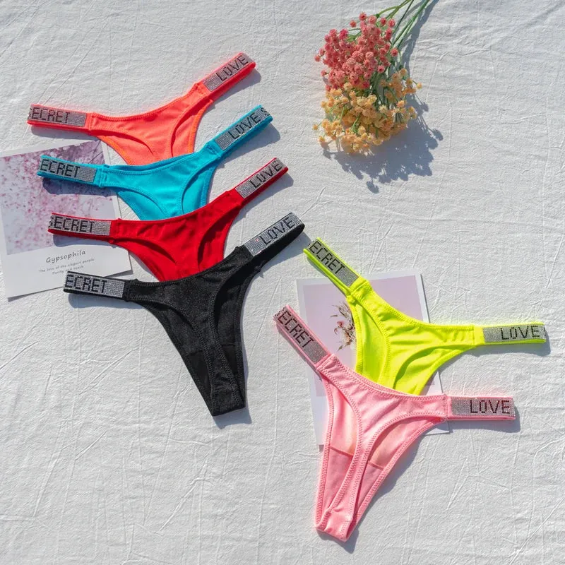 Shiny Rhinestone Women's G-String Thong - Sexy Low-Rise Neon Color Lingerie Panties