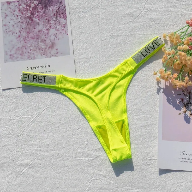 Shiny Rhinestone Women's G-String Thong - Sexy Low-Rise Neon Color Lingerie Panties