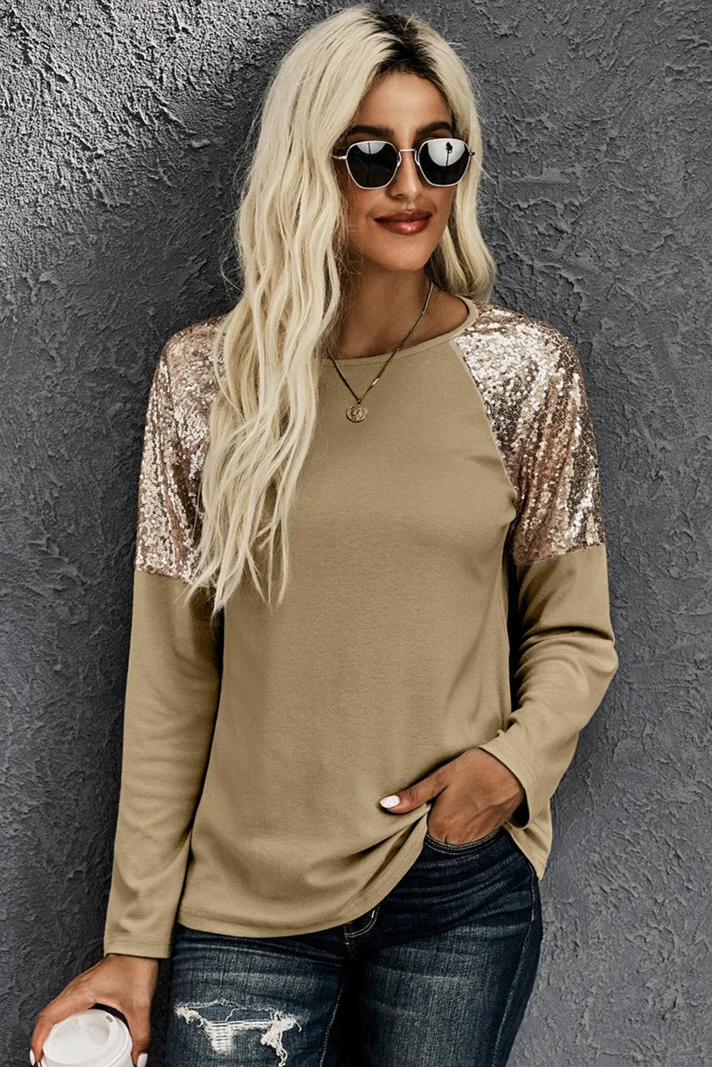 Shiny Sequin Shoulder Long Sleeve Top
