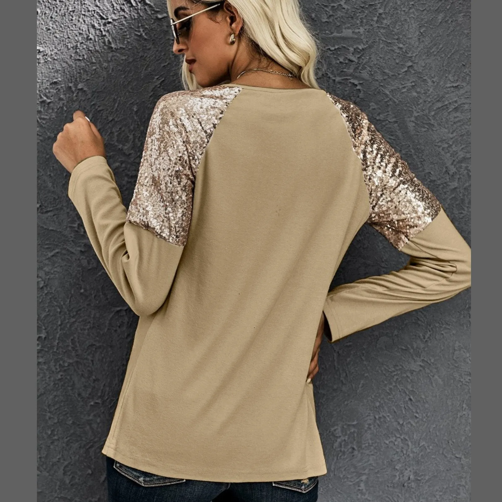 Shiny Sequin Shoulder Long Sleeve Top