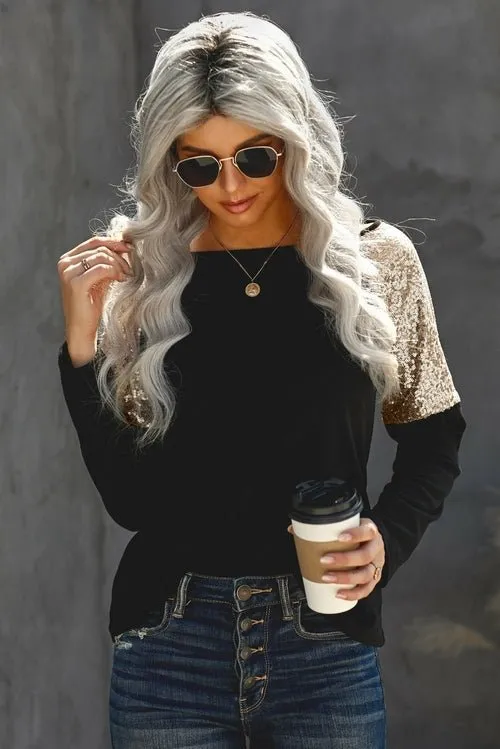 Shiny Sequin Shoulder Long Sleeve Top