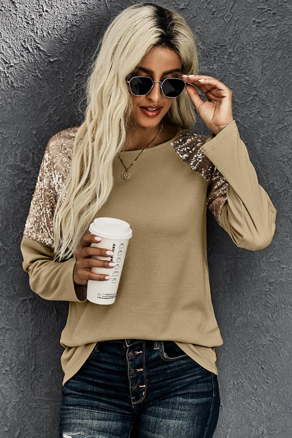 Shiny Sequin Shoulder Long Sleeve Top