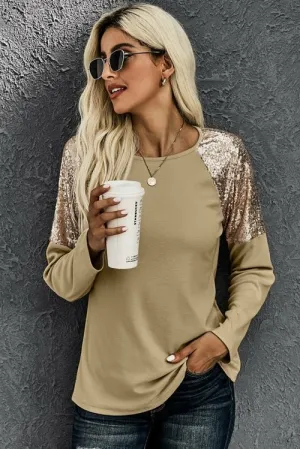 Shiny Sequin Shoulder Long Sleeve Top
