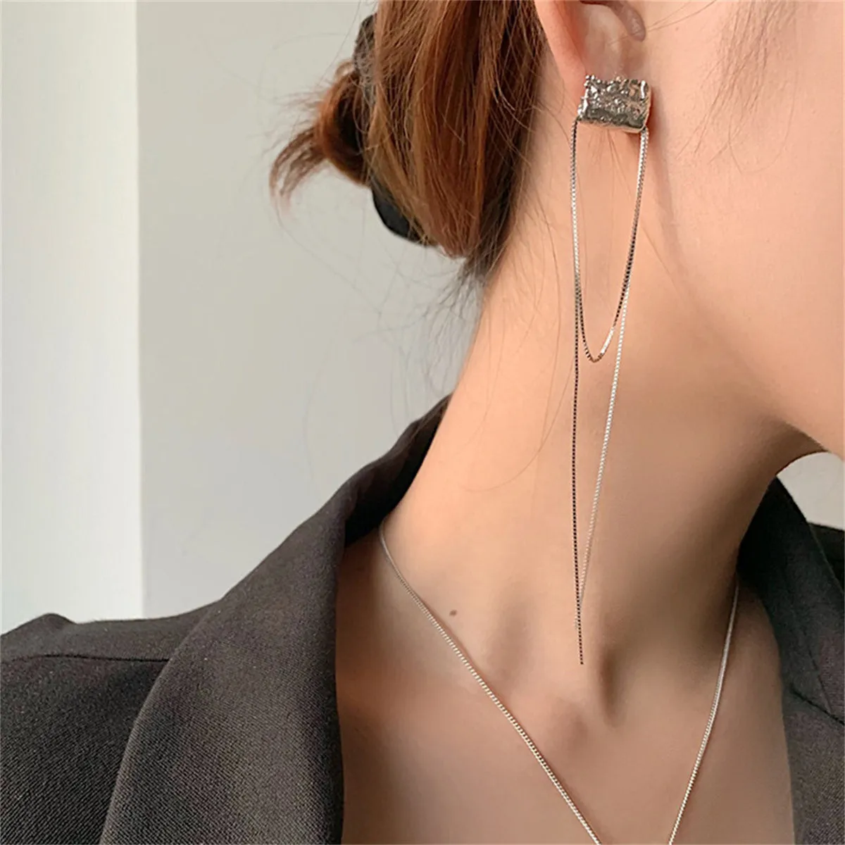 Silver-Plated Abstract Wrinkled Stud & Tassel Earrings