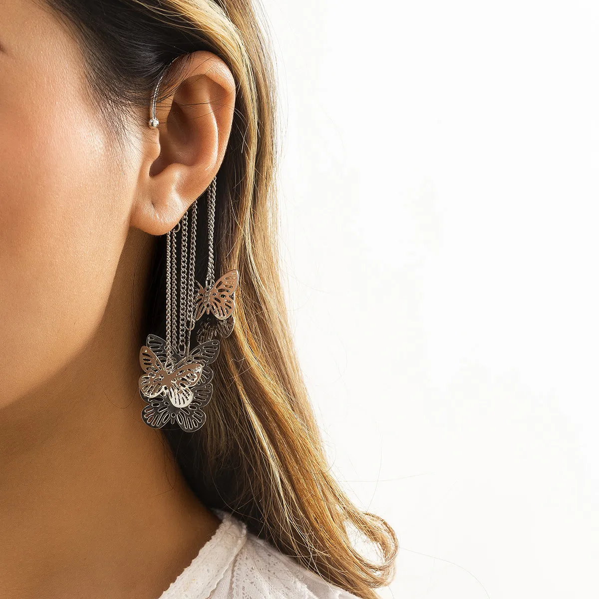 Silver-Plated Butterfly Tassel Ear Cuff
