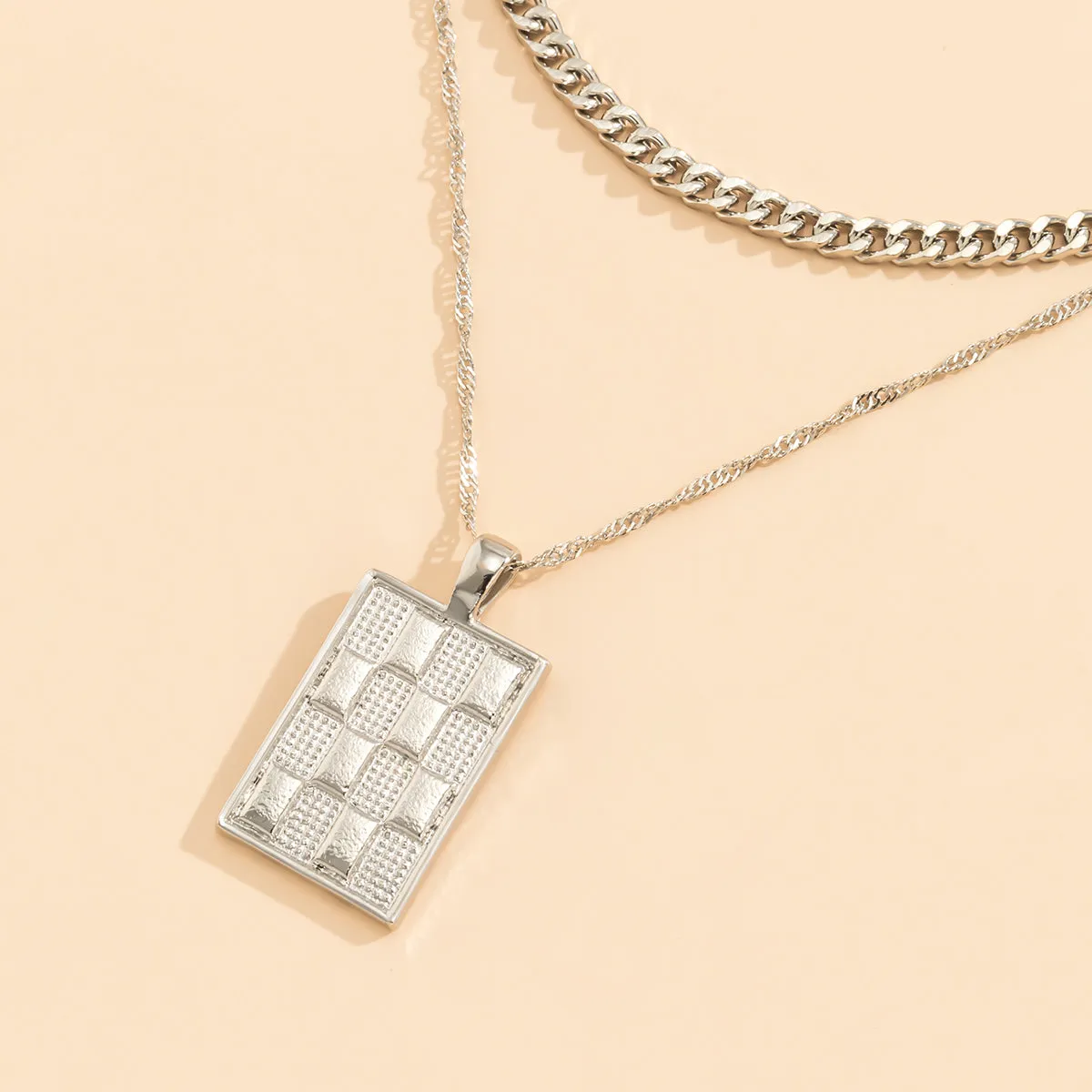 Silver-Plated Figaro Chain Rectangle Pendant Necklace Set