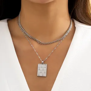 Silver-Plated Figaro Chain Rectangle Pendant Necklace Set