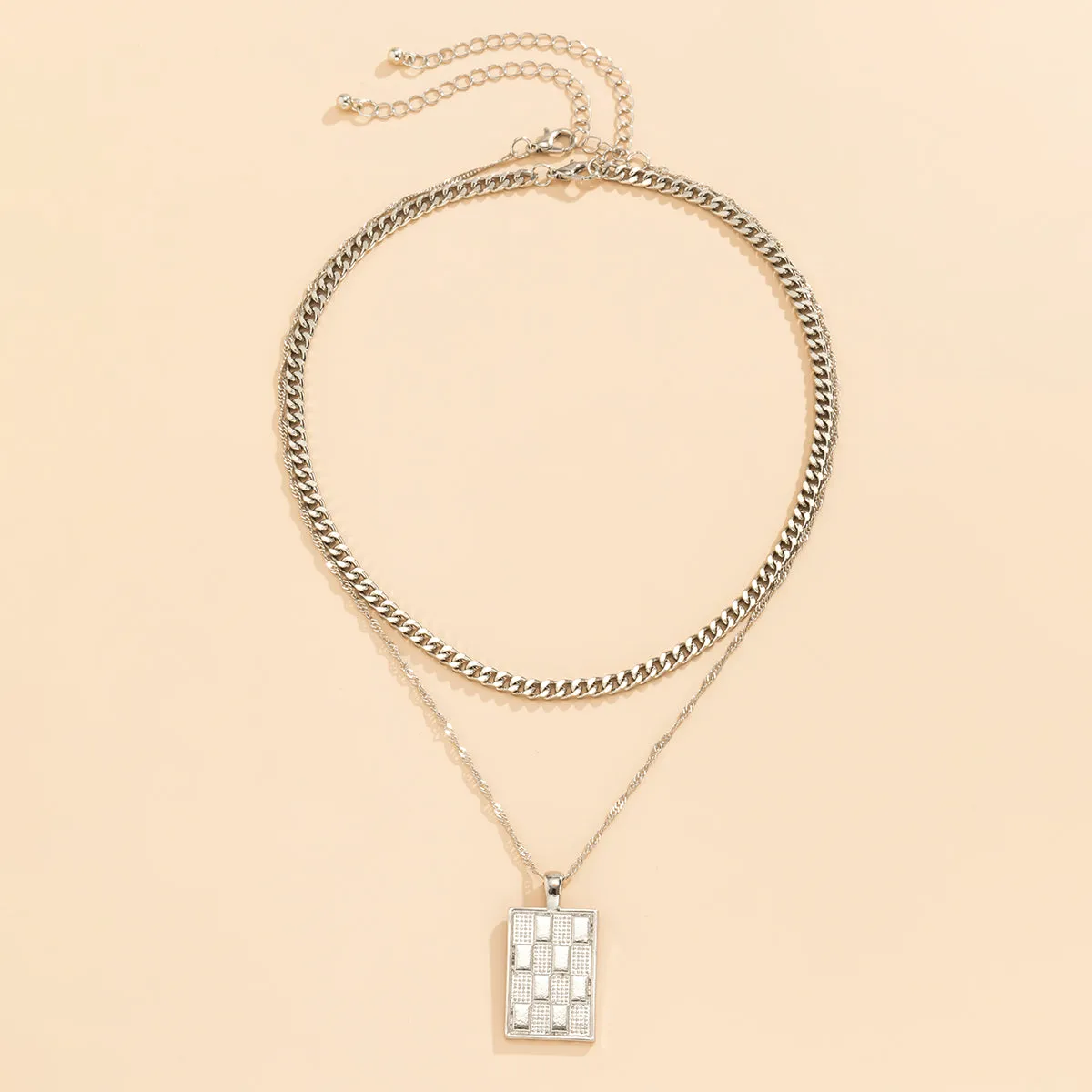Silver-Plated Figaro Chain Rectangle Pendant Necklace Set