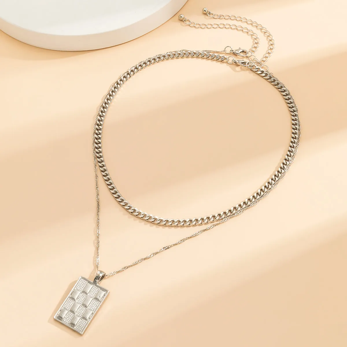 Silver-Plated Figaro Chain Rectangle Pendant Necklace Set