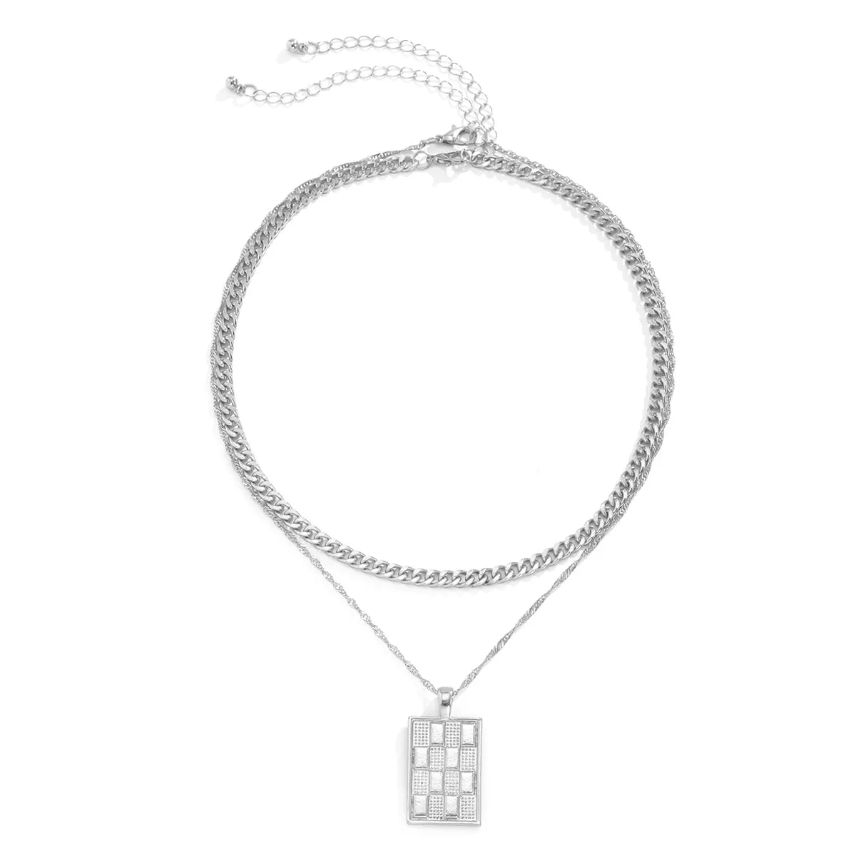 Silver-Plated Figaro Chain Rectangle Pendant Necklace Set