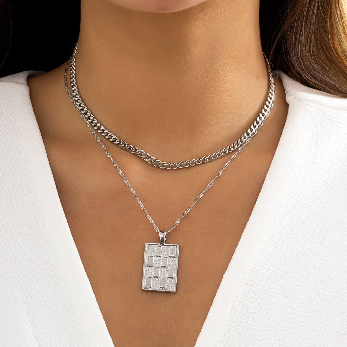 Silver-Plated Figaro Chain Rectangle Pendant Necklace Set