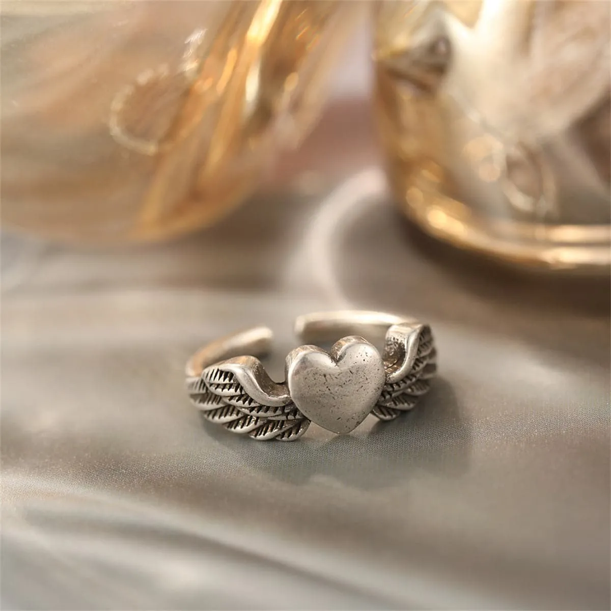 Silver-Plated Flying Heart Open Ring