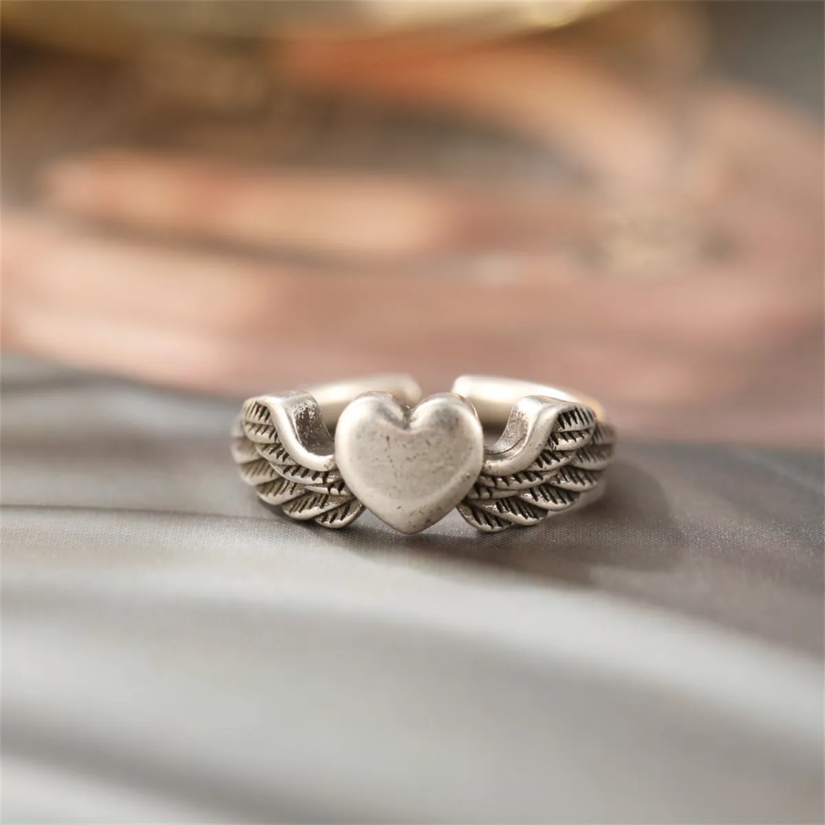 Silver-Plated Flying Heart Open Ring