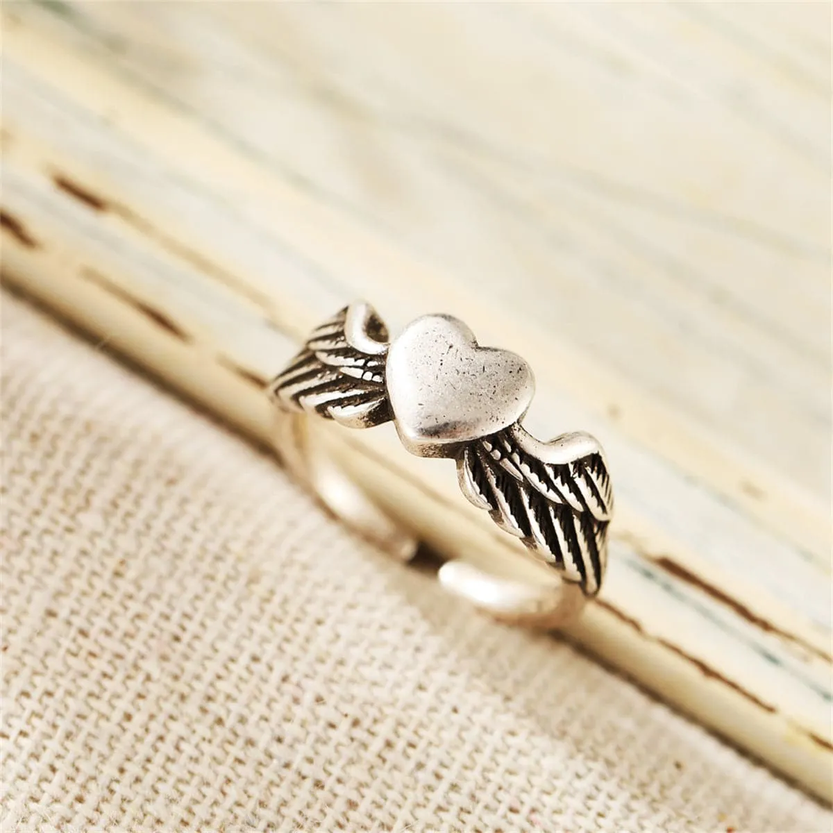 Silver-Plated Flying Heart Open Ring