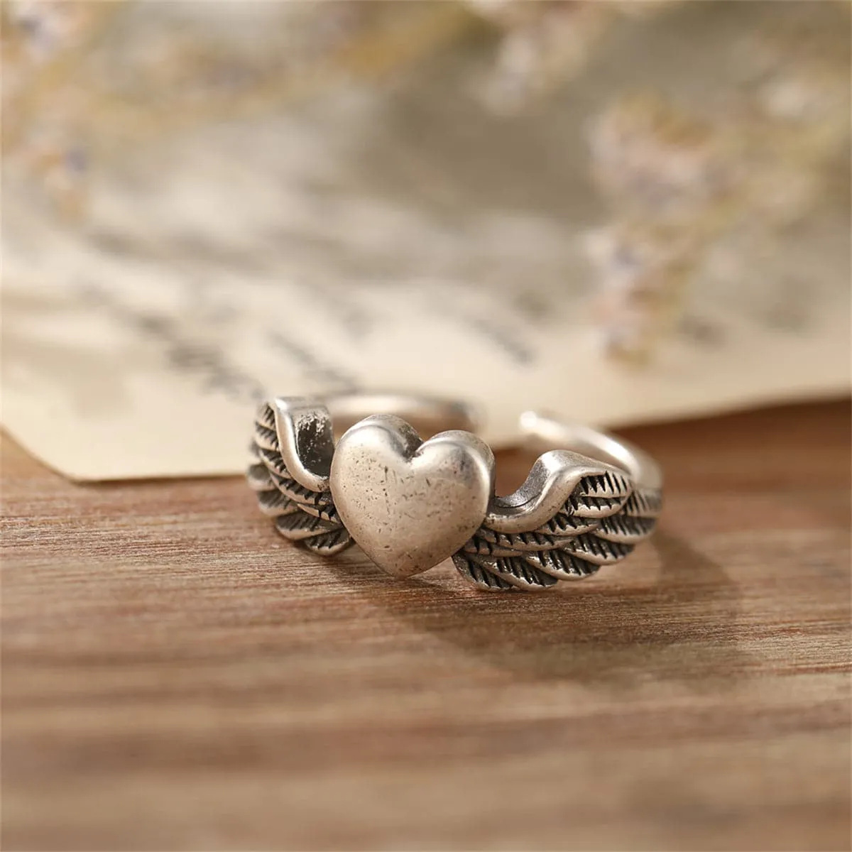 Silver-Plated Flying Heart Open Ring