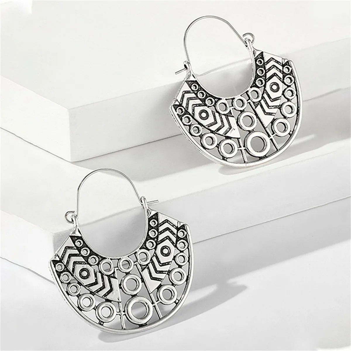 Silver-Plated Open Geometric Huggie Earrings