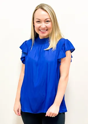 Smocked High Neck Ruffle Sleeve Top - Royal Blue