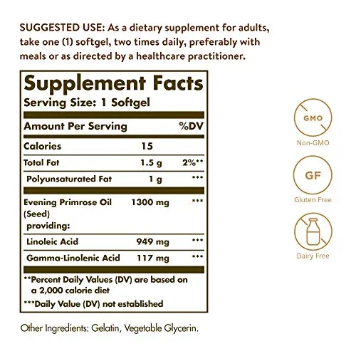 Solgar – Aceite de Primrose de Noche, 1300 mg Softgels – Apoya la Nutrición de la Mujer, E1056, Embalaje estándar., 1