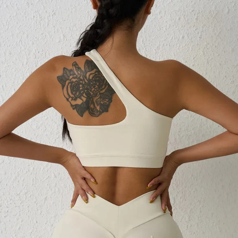 Solid Color One Shoulder Women's Fitness Sports Bra - Yoga Athletic Tight Workout Top with Chest Pad