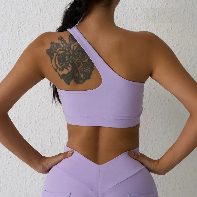 Solid Color One Shoulder Women's Fitness Sports Bra - Yoga Athletic Tight Workout Top with Chest Pad
