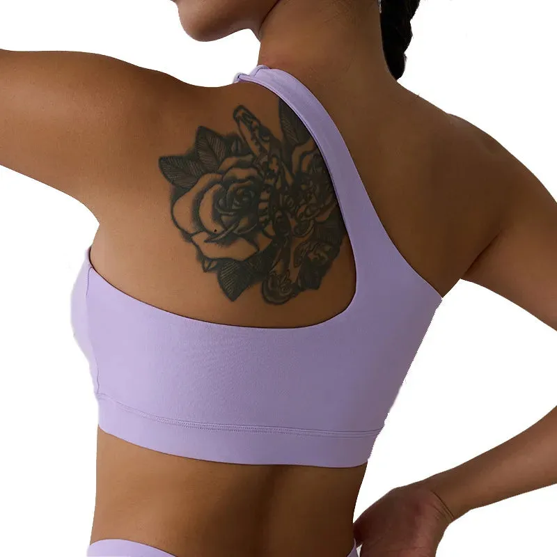 Solid Color One Shoulder Women's Fitness Sports Bra - Yoga Athletic Tight Workout Top with Chest Pad